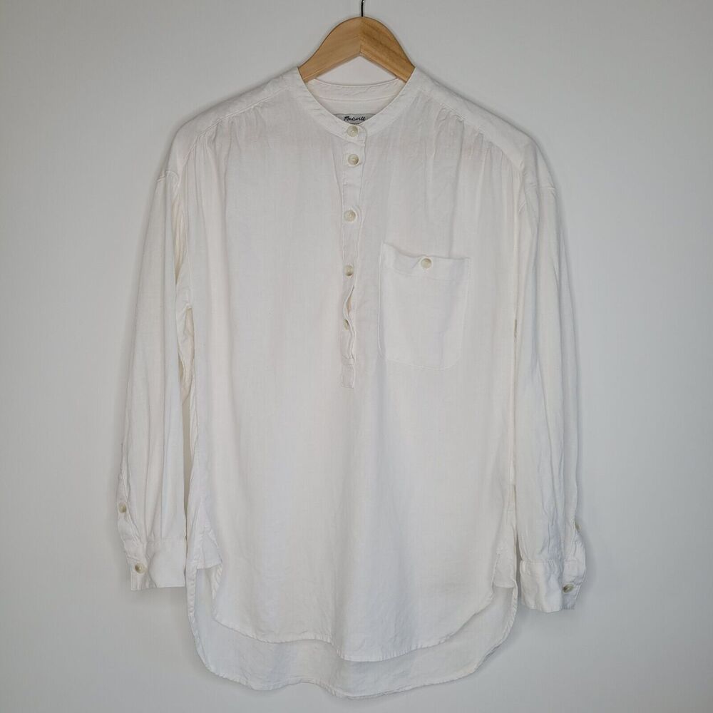 MADEWELL White Popover Tunic Top Band Collar Size S Novella Linen Blend Beach